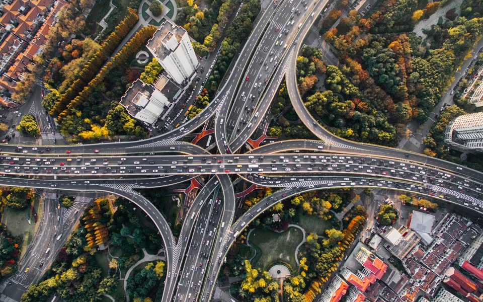 Aerial view of a dense multi-level highway interchange